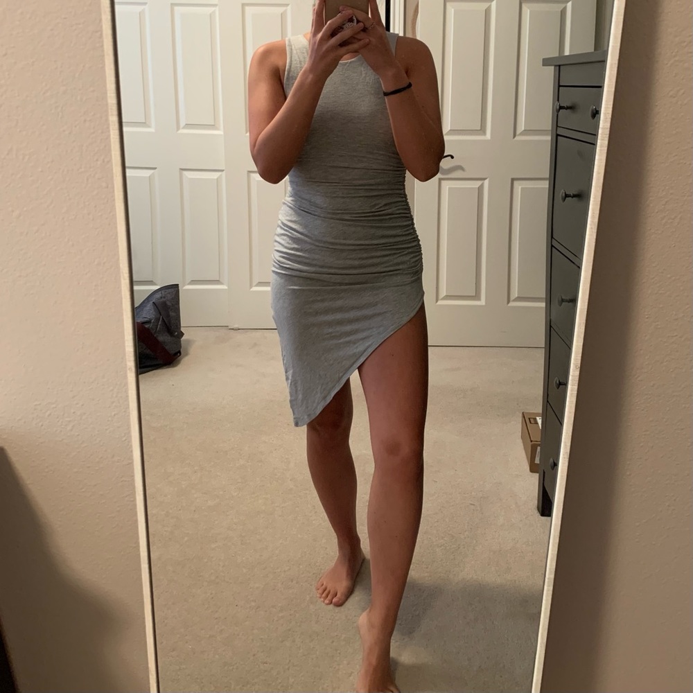 Grey ruched bodycon asymmetrical dress